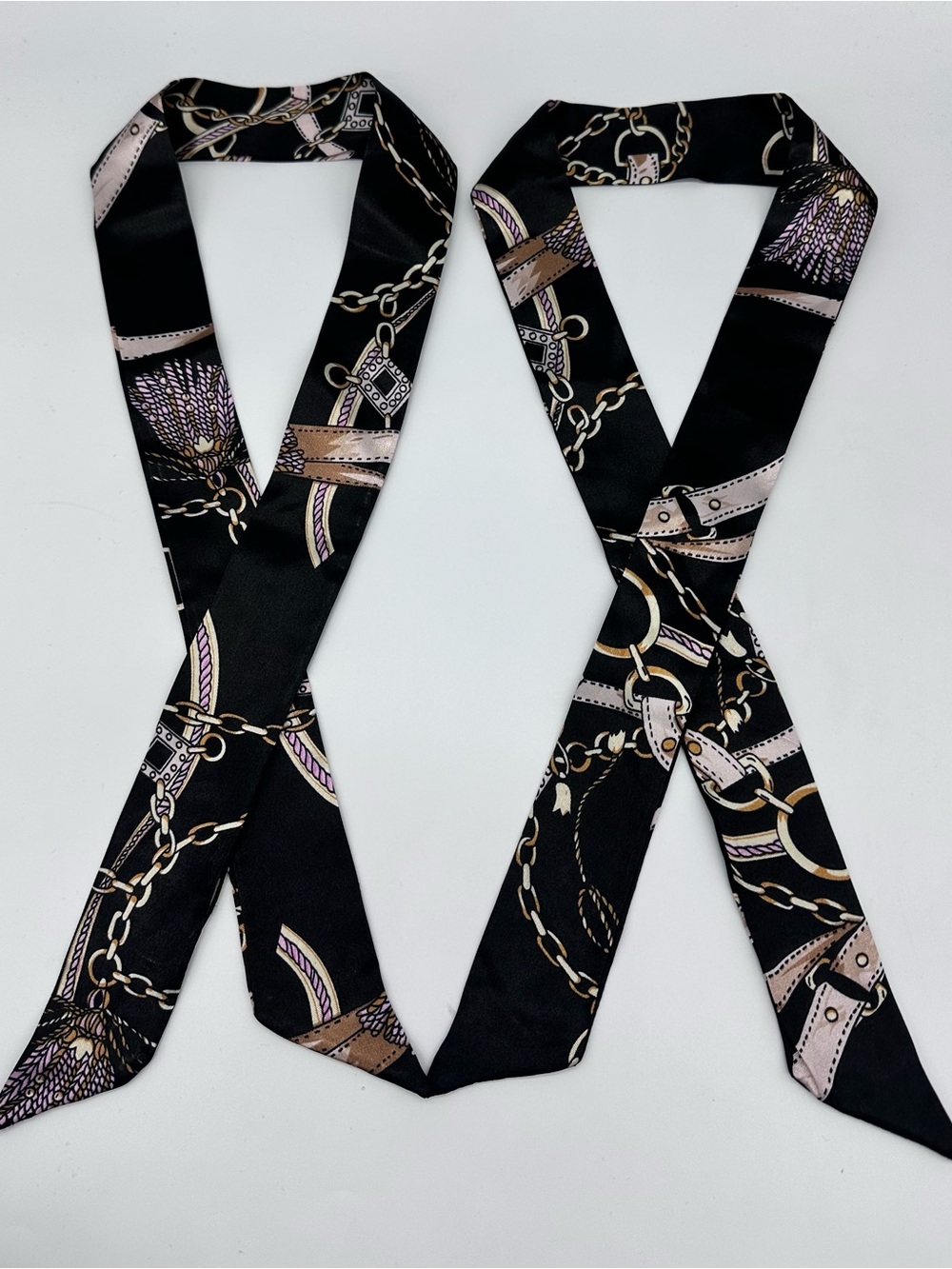 2pc Black Chain Print Skinny Scarf Set Bag Handle Wraps 34" Hair Ribbon